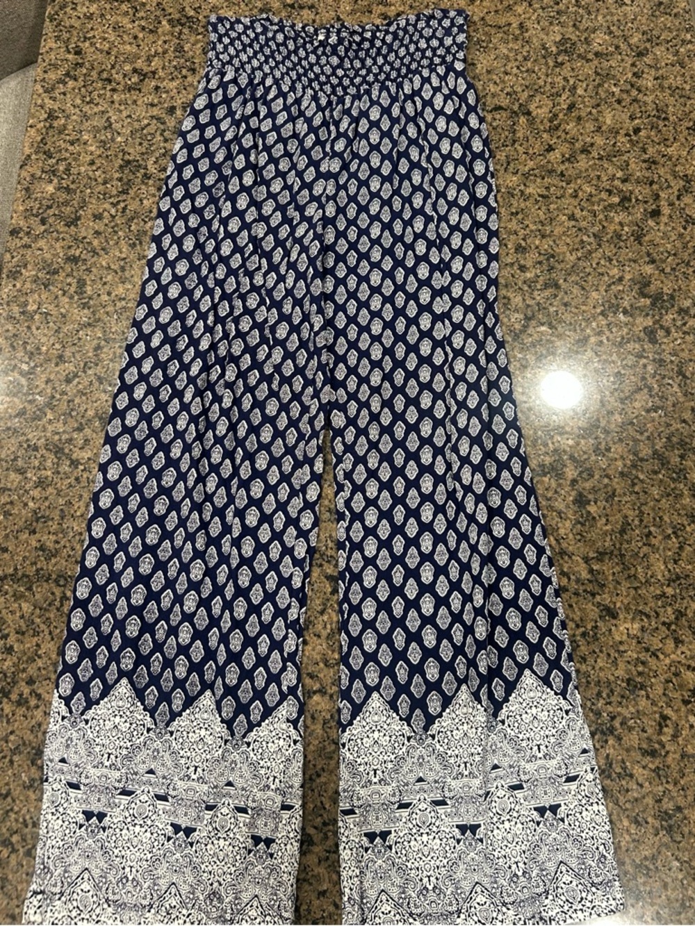 Navy & White Printed Wide-Leg Smocked-Waist Pants